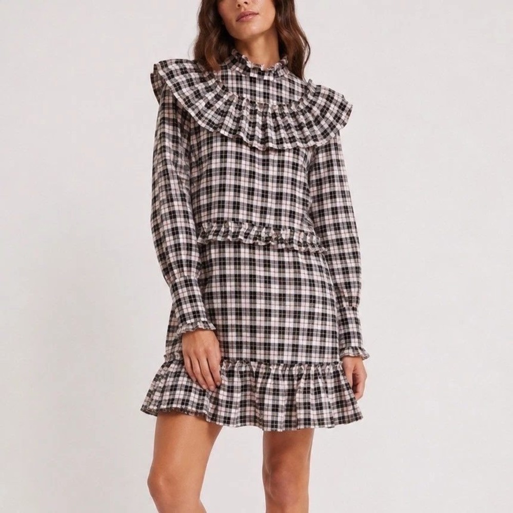 Ganni Seersucker Check Ruffle Mock Neck Mini Dress Pink Black Plaid Size 40